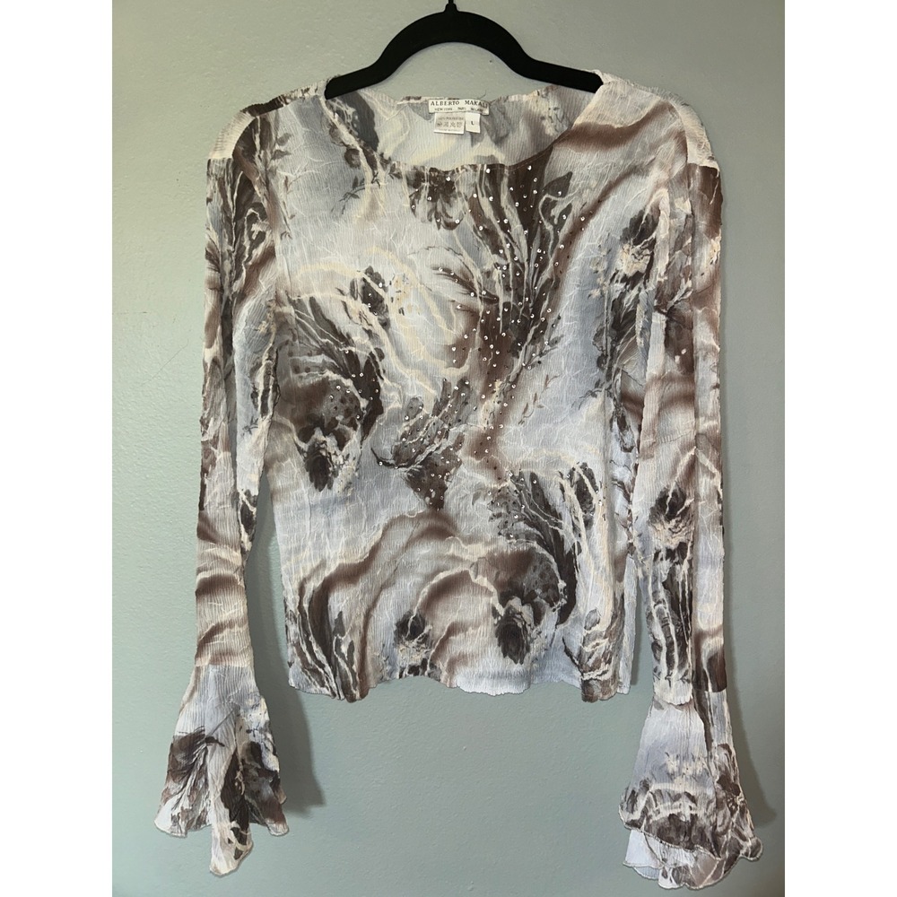Alberto Makali Plisse Whimsigoth Fairycore Y2K Top Womens Size L Brown Sheer